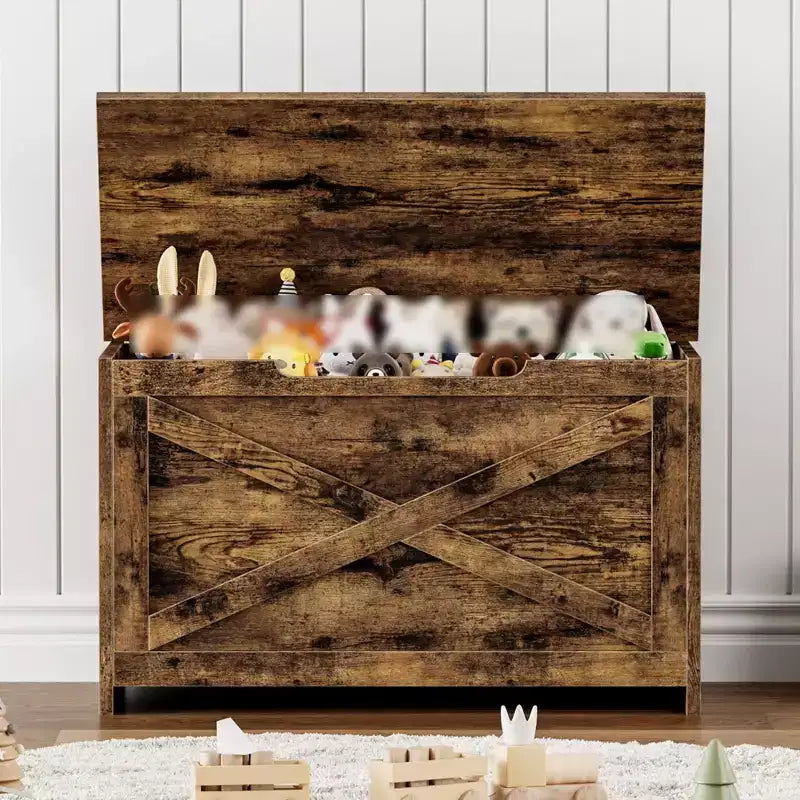 Panca contenitore in legno da 30 pollici, panca portascarpe da ingresso con coperchio ribaltabile e cerniera di sicurezza, grande baule portagiochi, pouf contenitore per ingresso, camera da letto, soggiorno