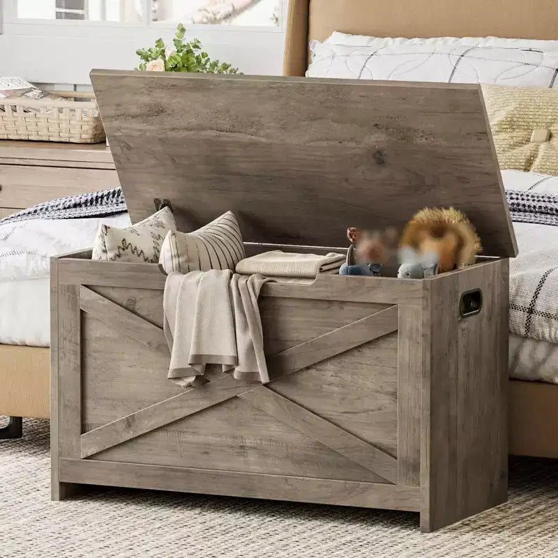Panca contenitore in legno da 30 pollici, panca portascarpe da ingresso con coperchio ribaltabile e cerniera di sicurezza, grande baule portagiochi, pouf contenitore per ingresso, camera da letto, soggiorno