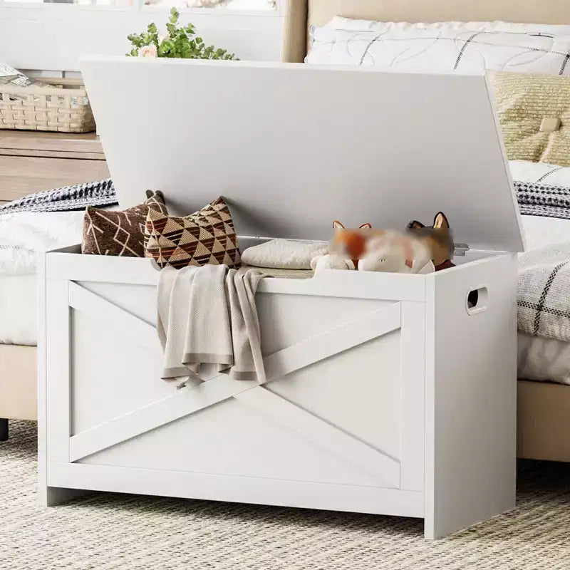 Panca contenitore in legno da 30 pollici, panca portascarpe da ingresso con coperchio ribaltabile e cerniera di sicurezza, grande baule portagiochi, pouf contenitore per ingresso, camera da letto, soggiorno
