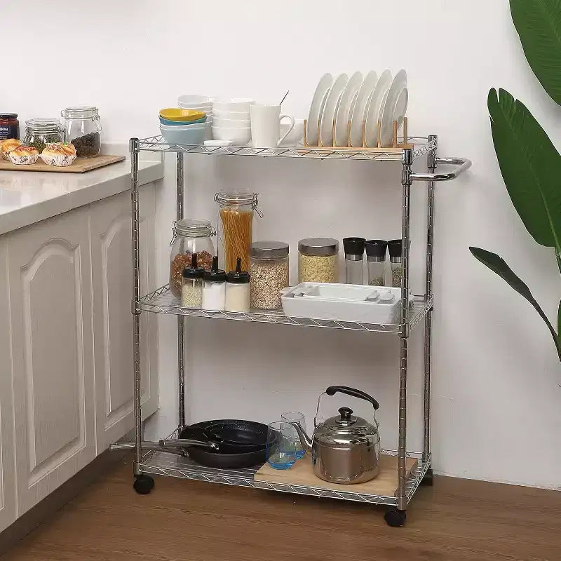 Carrello da cucina in acciaio a 3 ripiani con ruote bloccabili e ripiano regolabile