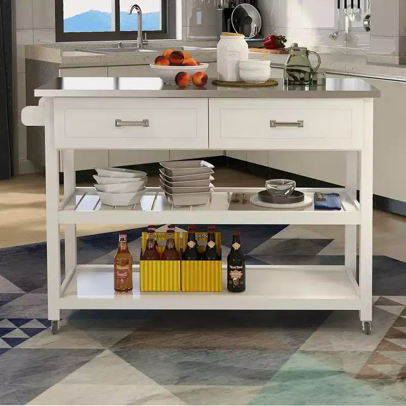 Carrello da cucina bianco con top in acciaio inossidabile e 2 cassetti per le stoviglie