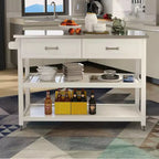 Carrello da cucina bianco con top in acciaio inossidabile e 2 cassetti per le stoviglie