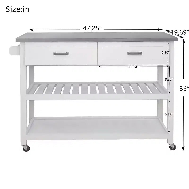 Carrello da cucina bianco con top in acciaio inossidabile e 2 cassetti per le stoviglie