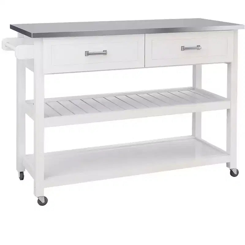 Carrello da cucina bianco con top in acciaio inossidabile e 2 cassetti per le stoviglie