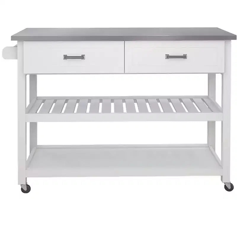 Carrello da cucina bianco con top in acciaio inossidabile e 2 cassetti per le stoviglie