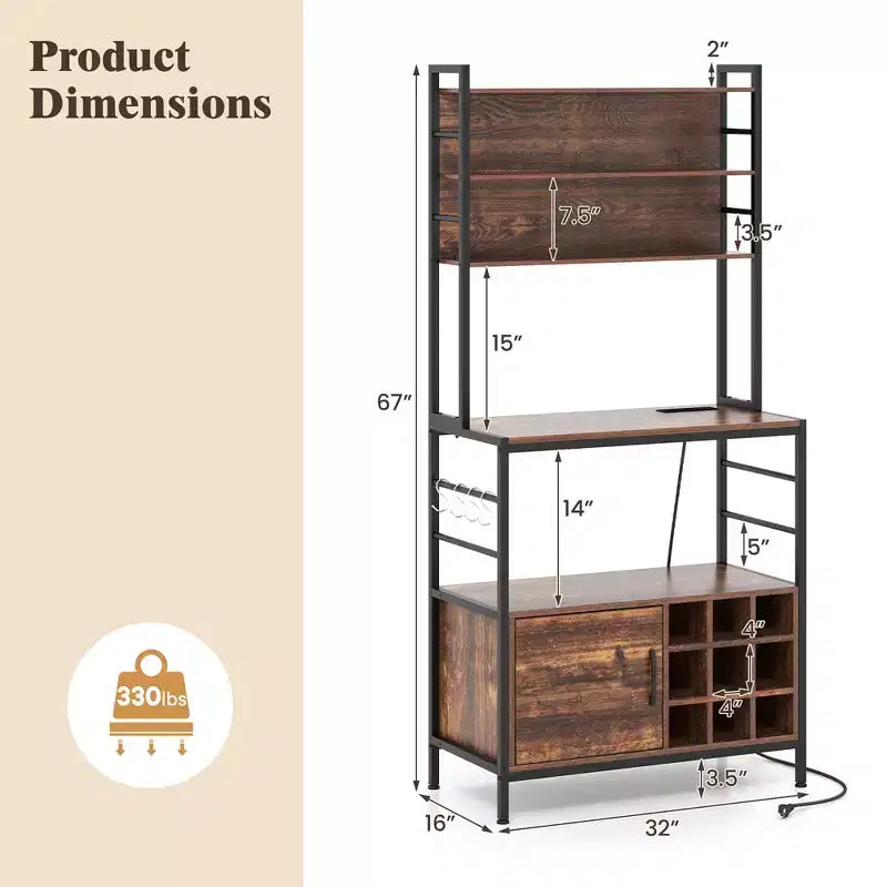 Scaffale da Cucina da 67 Pollici con Presa Elettrica, Mobile Bar per Caffè e Ganci a S, Marrone Rustico