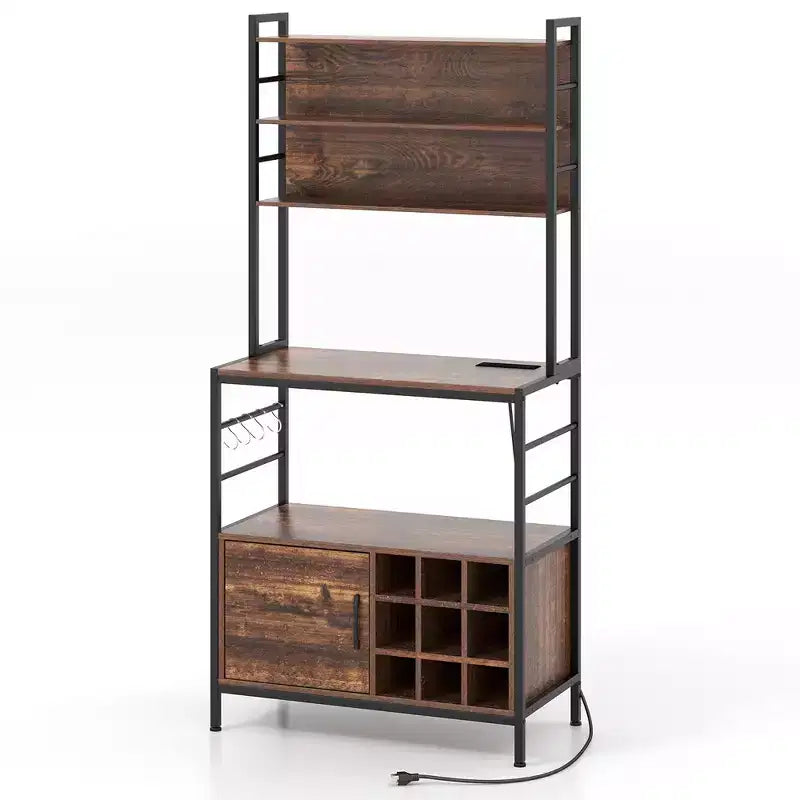 Scaffale da Cucina da 67 Pollici con Presa Elettrica, Mobile Bar per Caffè e Ganci a S, Marrone Rustico