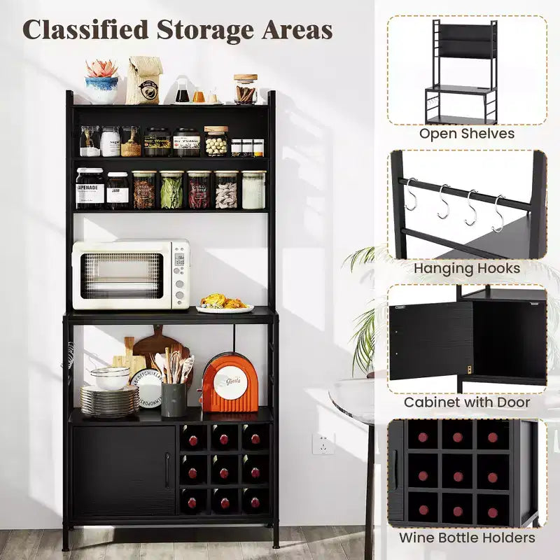 Scaffale da Cucina da 67 Pollici con Presa Elettrica, Mobile Bar per Caffè e Ganci a S, Marrone Rustico