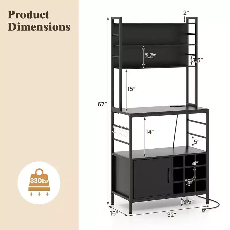Scaffale da Cucina da 67 Pollici con Presa Elettrica, Mobile Bar per Caffè e Ganci a S, Marrone Rustico