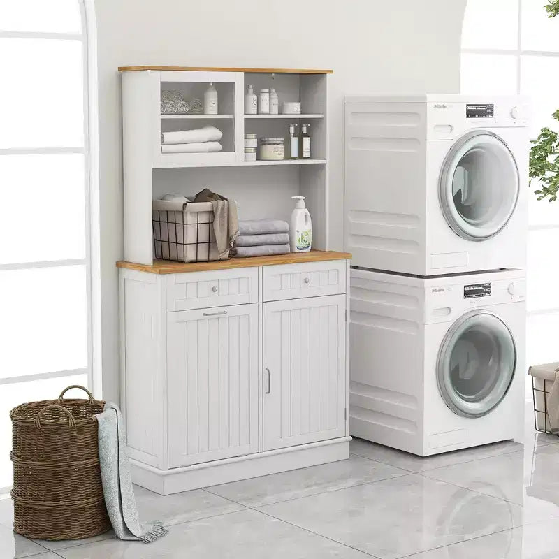 Cestino della Spazzatura Estraibile Doppio con Pensile e Dispensa da Cucina, Bianco e Naturale