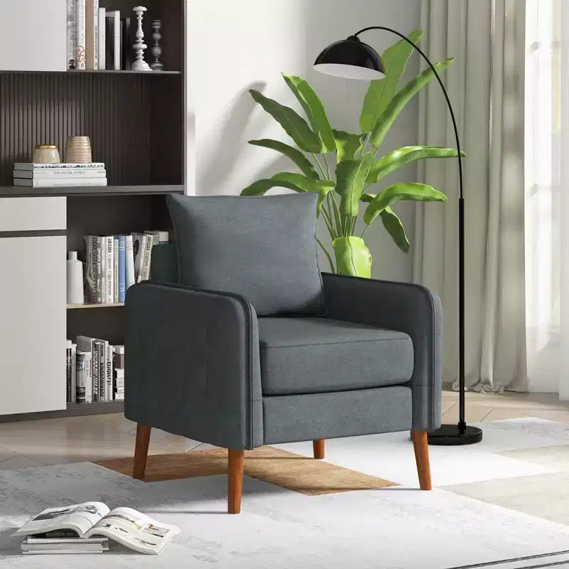 Set di 2 poltrone accentate imbottite Mid-Century con gambe in legno di gomma, lino grigio