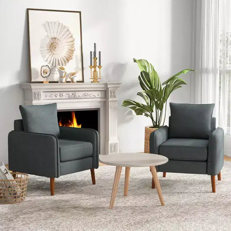Set di 2 poltrone accentate imbottite Mid-Century con gambe in legno di gomma, lino grigio