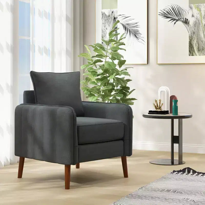 Set di 2 poltrone accentate imbottite Mid-Century con gambe in legno di gomma, lino grigio