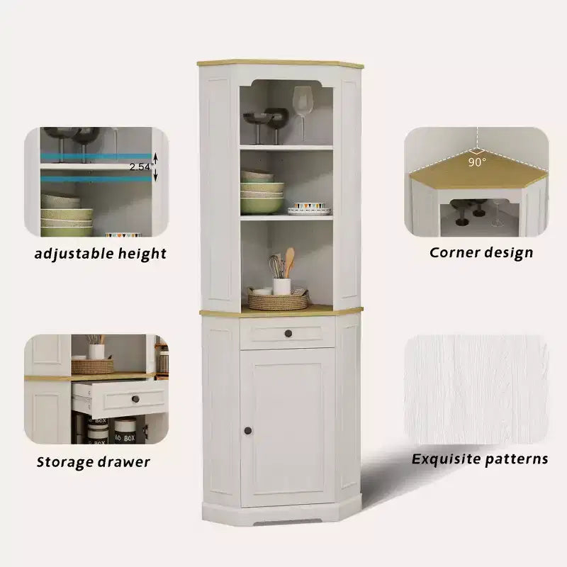 Mobile angolare alto 172 cm, in stile rustico, da appoggio. Presenta 1 anta, 1 cassetto e ripiani regolabili. Colore: Bianco.