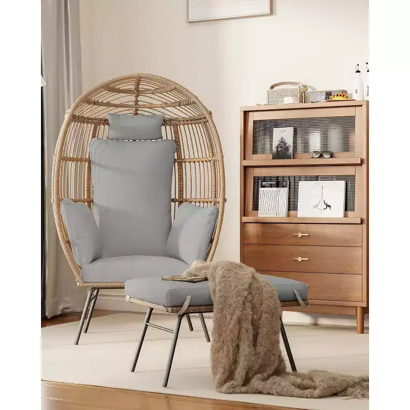 Sedia a Uovo da Esterno in Vimini con Pouf, Poltrone Sdraio Oversize in Rattan per Patio, Cuscino Spesso, 200 kg, per Relax in Patio, Portico e Giardino
