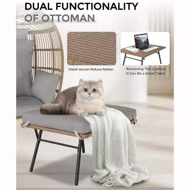 Sedia a Uovo da Esterno in Vimini con Pouf, Poltrone Sdraio Oversize in Rattan per Patio, Cuscino Spesso, 200 kg, per Relax in Patio, Portico e Giardino