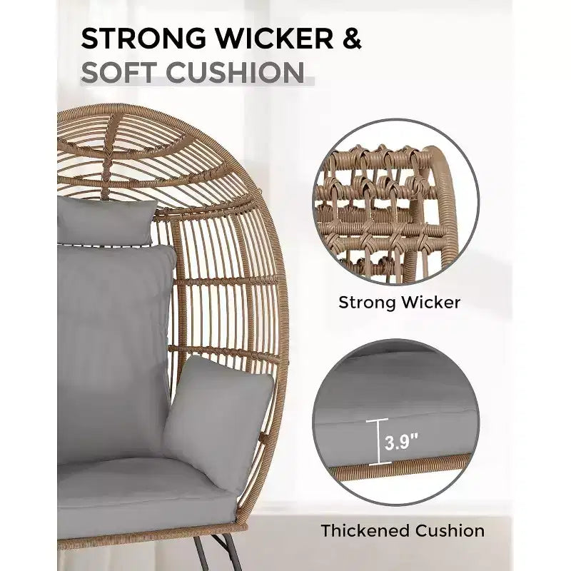 Sedia a Uovo da Esterno in Vimini con Pouf, Poltrone Sdraio Oversize in Rattan per Patio, Cuscino Spesso, 200 kg, per Relax in Patio, Portico e Giardino