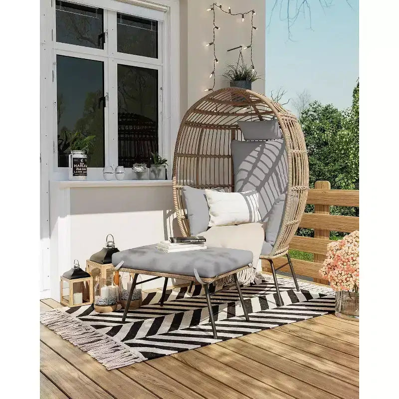 Sedia a Uovo da Esterno in Vimini con Pouf, Poltrone Sdraio Oversize in Rattan per Patio, Cuscino Spesso, 200 kg, per Relax in Patio, Portico e Giardino