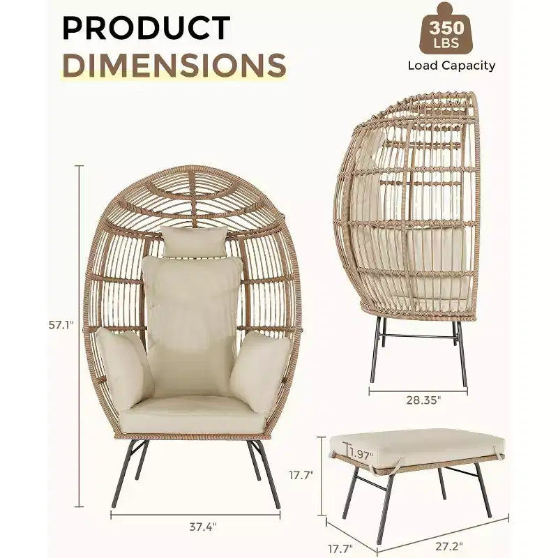 Sedia a Uovo da Esterno in Vimini con Pouf, Poltrone Sdraio Oversize in Rattan per Patio, Cuscino Spesso, 200 kg, per Relax in Patio, Portico e Giardino