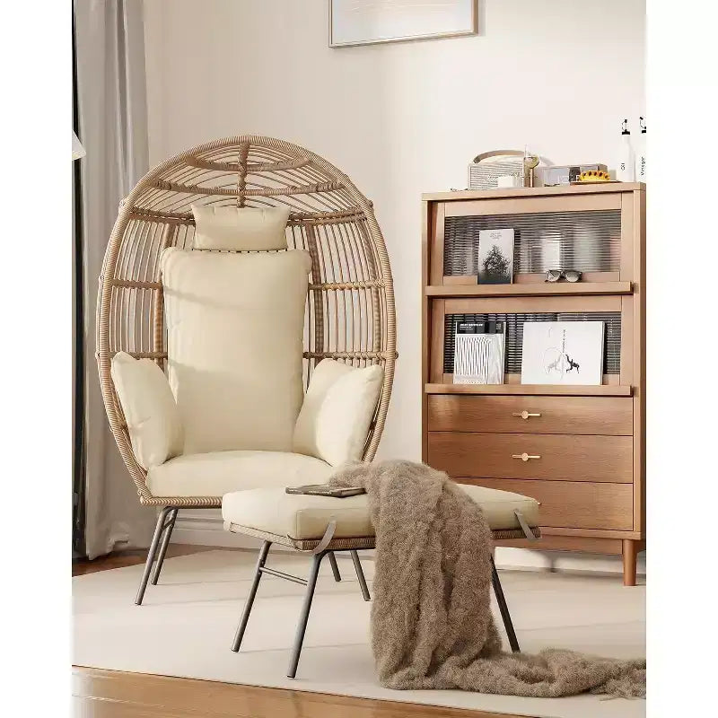 Sedia a Uovo da Esterno in Vimini con Pouf, Poltrone Sdraio Oversize in Rattan per Patio, Cuscino Spesso, 200 kg, per Relax in Patio, Portico e Giardino