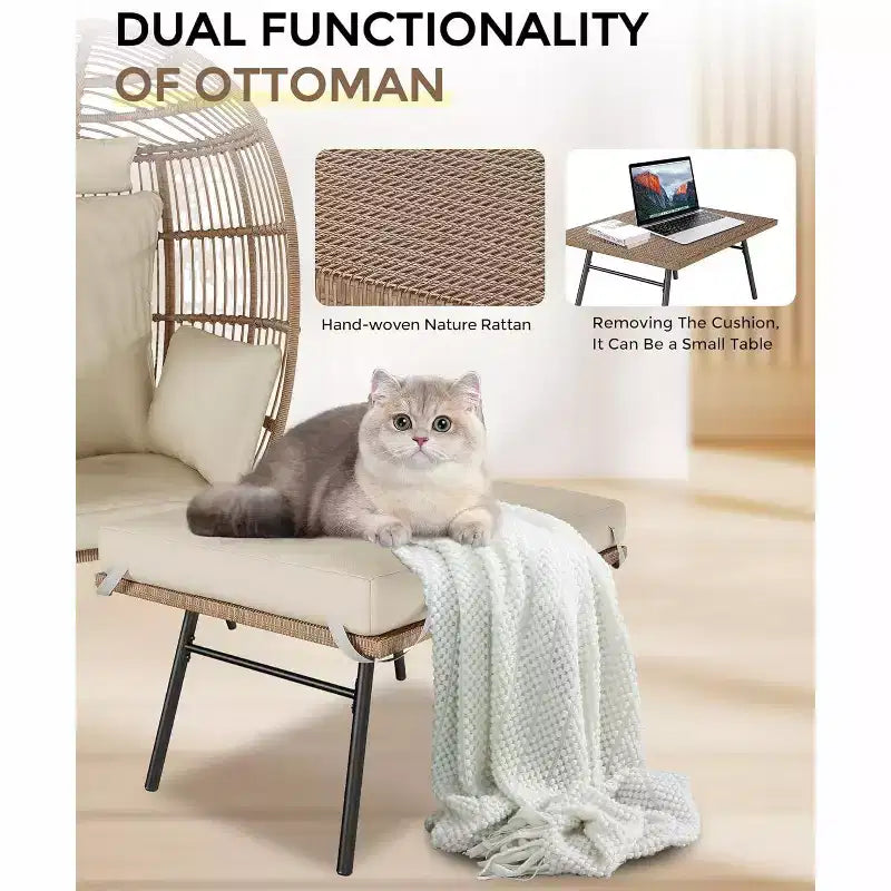 Sedia a Uovo da Esterno in Vimini con Pouf, Poltrone Sdraio Oversize in Rattan per Patio, Cuscino Spesso, 200 kg, per Relax in Patio, Portico e Giardino