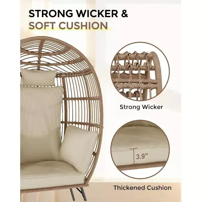 Sedia a Uovo da Esterno in Vimini con Pouf, Poltrone Sdraio Oversize in Rattan per Patio, Cuscino Spesso, 200 kg, per Relax in Patio, Portico e Giardino