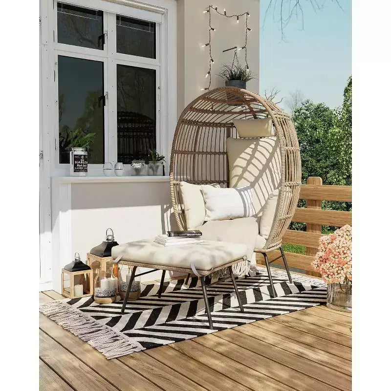 Sedia a Uovo da Esterno in Vimini con Pouf, Poltrone Sdraio Oversize in Rattan per Patio, Cuscino Spesso, 200 kg, per Relax in Patio, Portico e Giardino