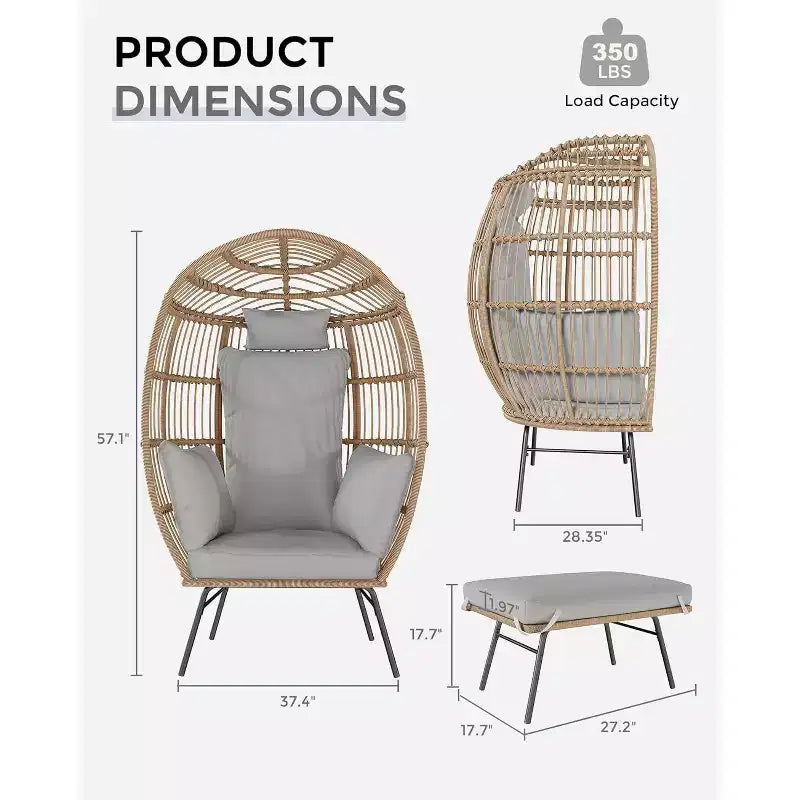 Sedia a Uovo da Esterno in Vimini con Pouf, Poltrone Sdraio Oversize in Rattan per Patio, Cuscino Spesso, 200 kg, per Relax in Patio, Portico e Giardino