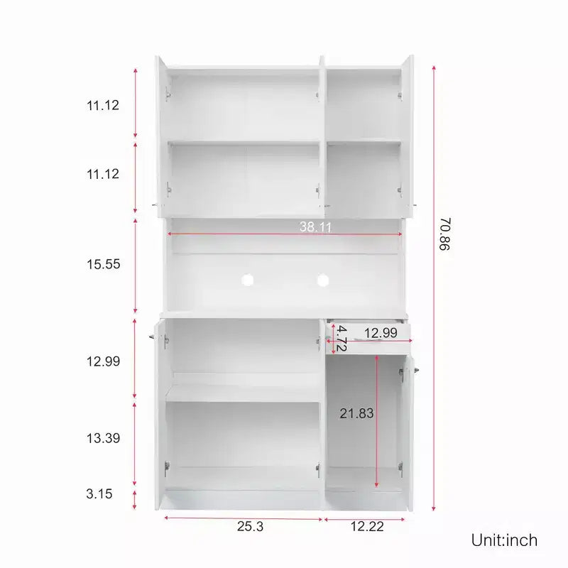 Dispensa da cucina indipendente 70.87 con 6 ante, cassetto, ripiani a giorno, versatile credenza, armadietto per riporre oggetti artigianali