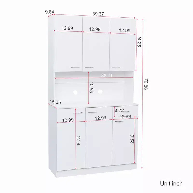 Dispensa da cucina indipendente 70.87 con 6 ante, cassetto, ripiani a giorno, versatile credenza, armadietto per riporre oggetti artigianali