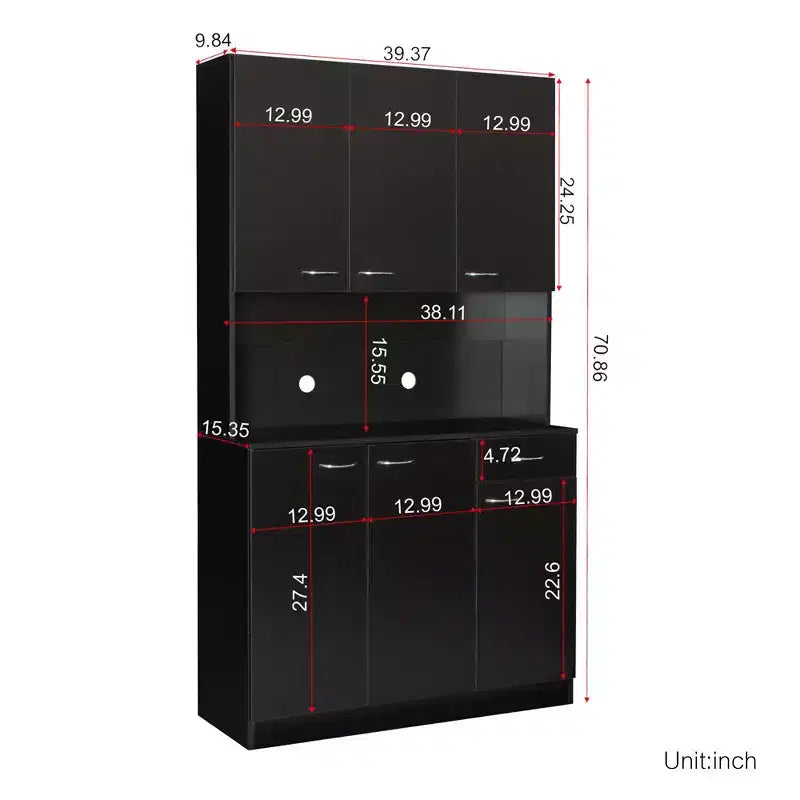 Dispensa da cucina indipendente 70.87 con 6 ante, cassetto, ripiani a giorno, versatile credenza, armadietto per riporre oggetti artigianali