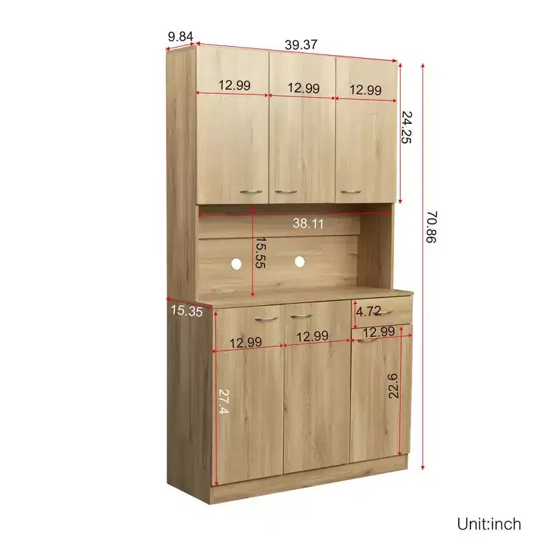 Dispensa da cucina indipendente 70.87 con 6 ante, cassetto, ripiani a giorno, versatile credenza, armadietto per riporre oggetti artigianali