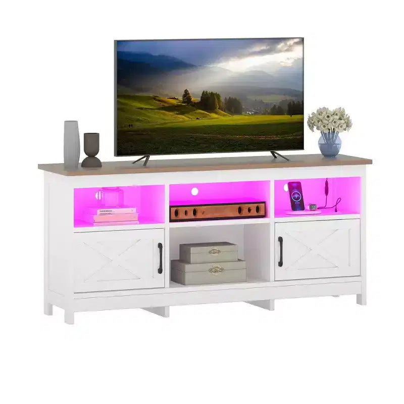 Mobile TV da fattoria per TV da 65 pollici, Centro di intrattenimento a LED con ante, Presa di corrente, Mobile multimediale per soggiorno, Bianco e Noce