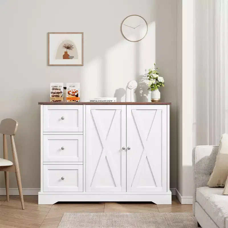 Mobile Buffet con Contenitore, Credenza Bar Caffè Bianca da 106 cm con 3 Cassetti, Design Salvaspazio Senza Gambe per Piccoli Ambazi, Bianco