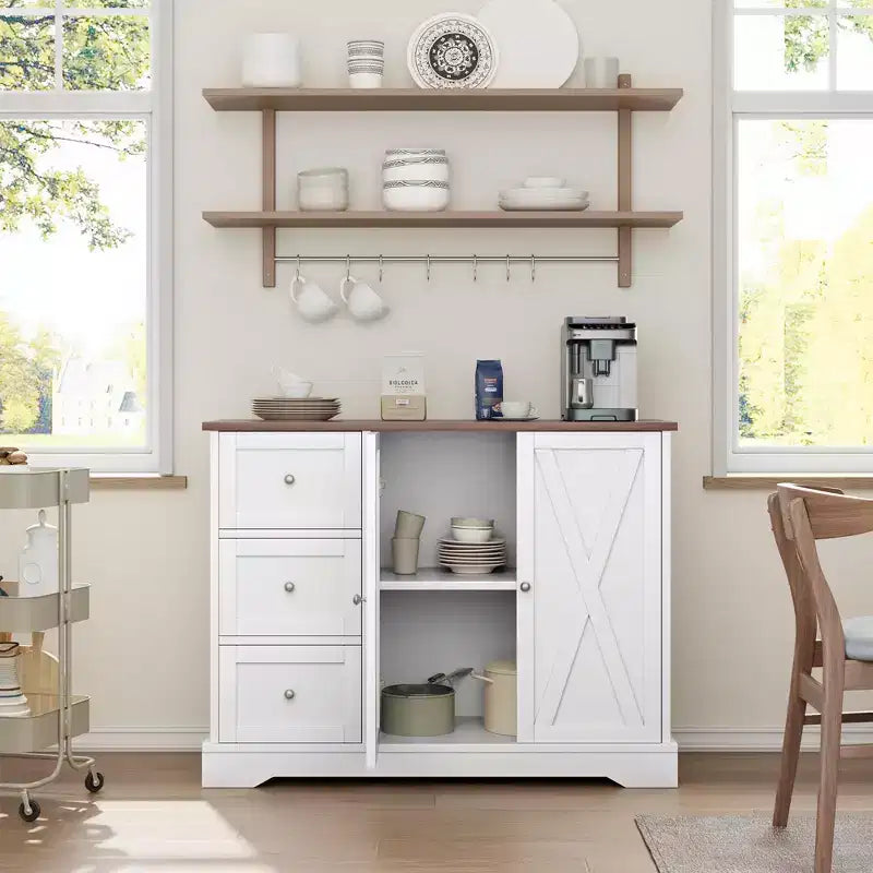 Mobile Buffet con Contenitore, Credenza Bar Caffè Bianca da 106 cm con 3 Cassetti, Design Salvaspazio Senza Gambe per Piccoli Ambazi, Bianco