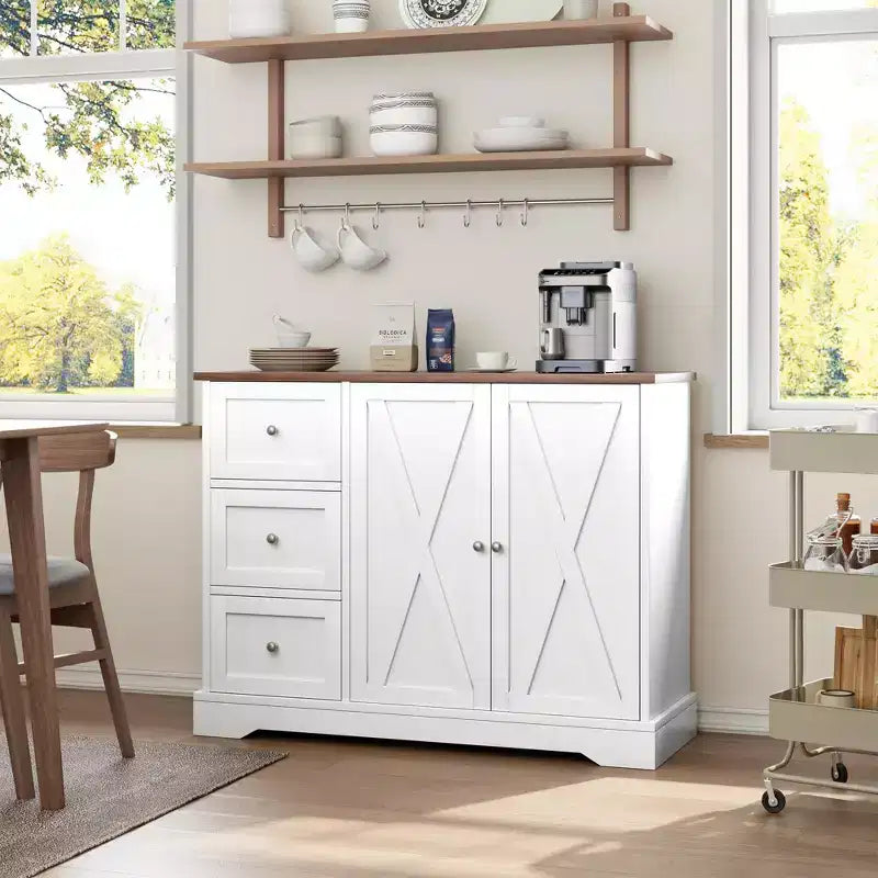 Mobile Buffet con Contenitore, Credenza Bar Caffè Bianca da 106 cm con 3 Cassetti, Design Salvaspazio Senza Gambe per Piccoli Ambazi, Bianco