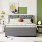 Letto imbottito a piattaforma, matrimoniale, con testiera a fantasia in mattoni e letto estraibile singolo, in lino grigio
