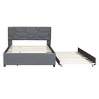 Letto imbottito a piattaforma, matrimoniale, con testiera a fantasia in mattoni e letto estraibile singolo, in lino grigio