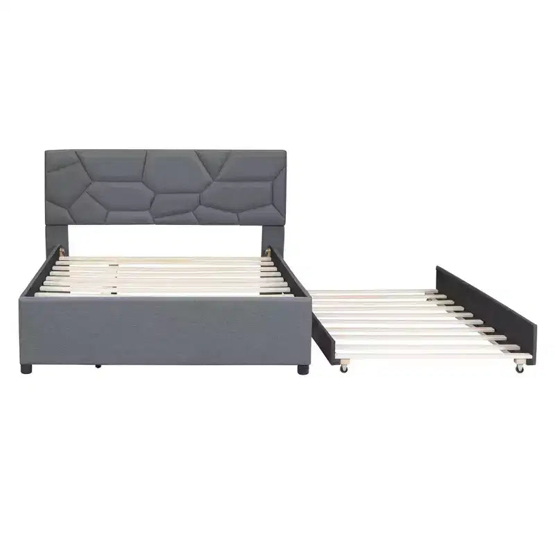 Letto imbottito a piattaforma, matrimoniale, con testiera a fantasia in mattoni e letto estraibile singolo, in lino grigio