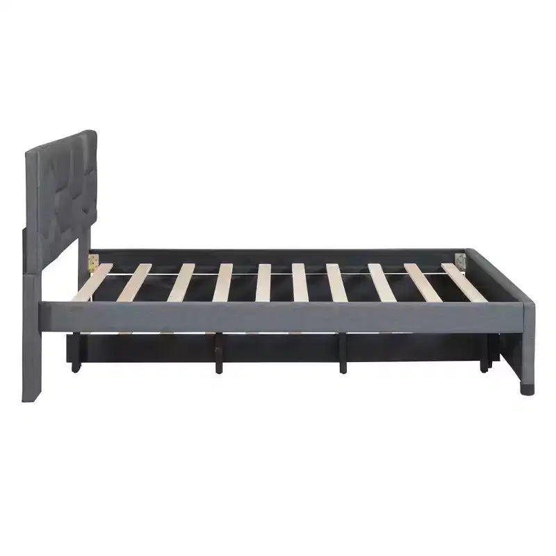 Letto imbottito a piattaforma, matrimoniale, con testiera a fantasia in mattoni e letto estraibile singolo, in lino grigio