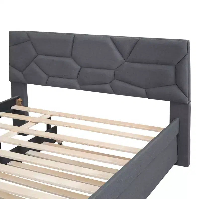 Letto imbottito a piattaforma, matrimoniale, con testiera a fantasia in mattoni e letto estraibile singolo, in lino grigio