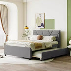 Letto imbottito a piattaforma, matrimoniale, con testiera a fantasia in mattoni e letto estraibile singolo, in lino grigio