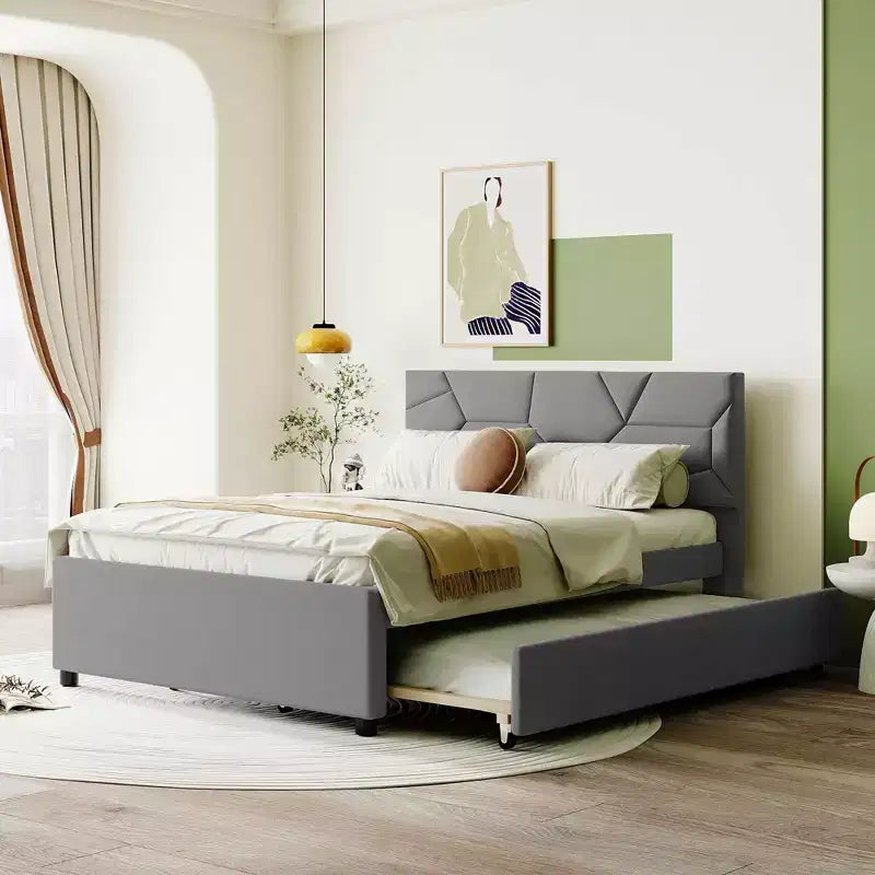 Letto imbottito a piattaforma, matrimoniale, con testiera a fantasia in mattoni e letto estraibile singolo, in lino grigio