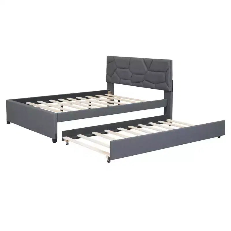 Letto imbottito a piattaforma, matrimoniale, con testiera a fantasia in mattoni e letto estraibile singolo, in lino grigio