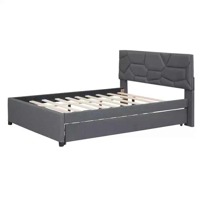 Letto imbottito a piattaforma, matrimoniale, con testiera a fantasia in mattoni e letto estraibile singolo, in lino grigio