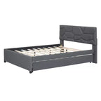 Letto imbottito a piattaforma, matrimoniale, con testiera a fantasia in mattoni e letto estraibile singolo, in lino grigio