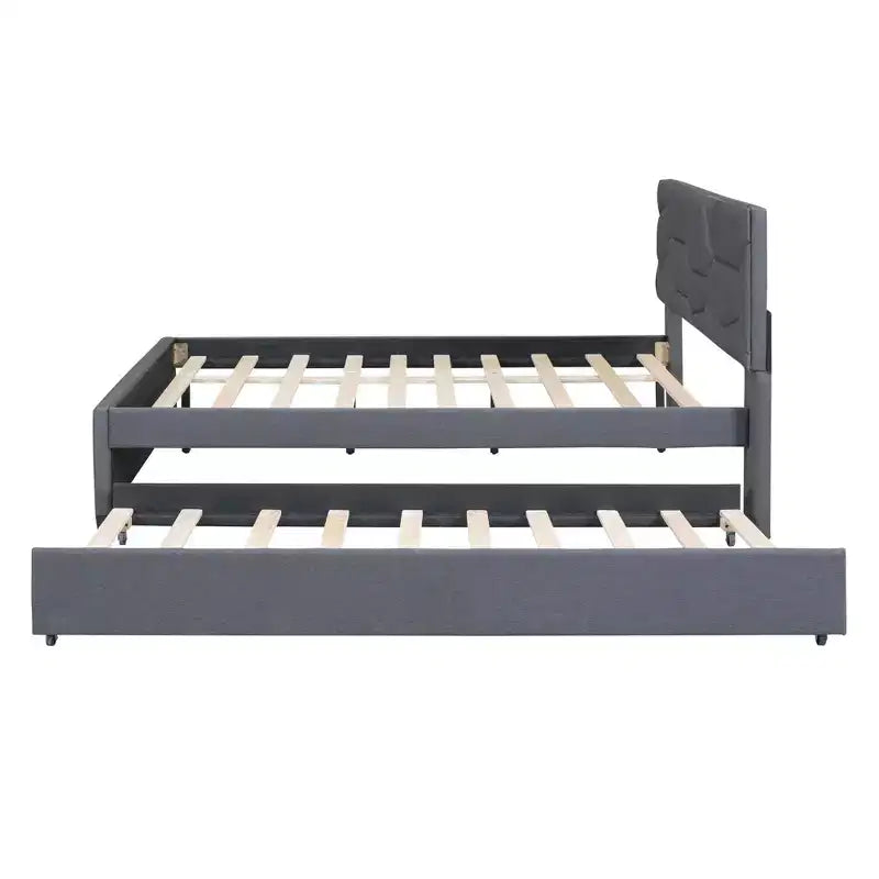 Letto imbottito a piattaforma, matrimoniale, con testiera a fantasia in mattoni e letto estraibile singolo, in lino grigio