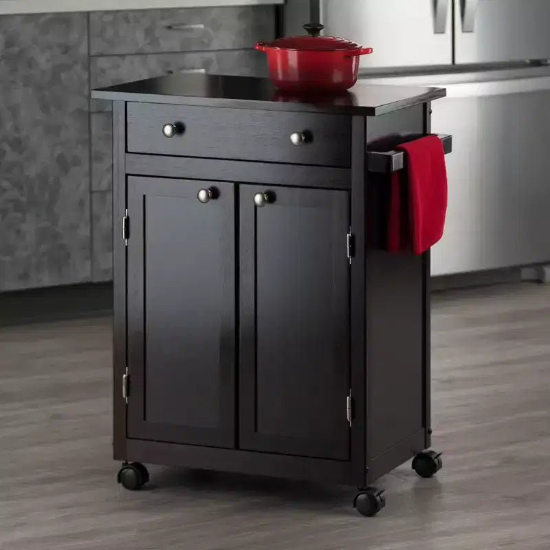 Carrello da Cucina in Legno con Mobiletto, Cassetto e Ruote Bloccabili, Finitura Caffè