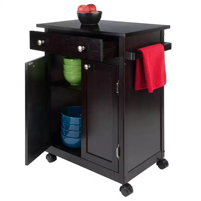 Carrello da Cucina in Legno con Mobiletto, Cassetto e Ruote Bloccabili, Finitura Caffè