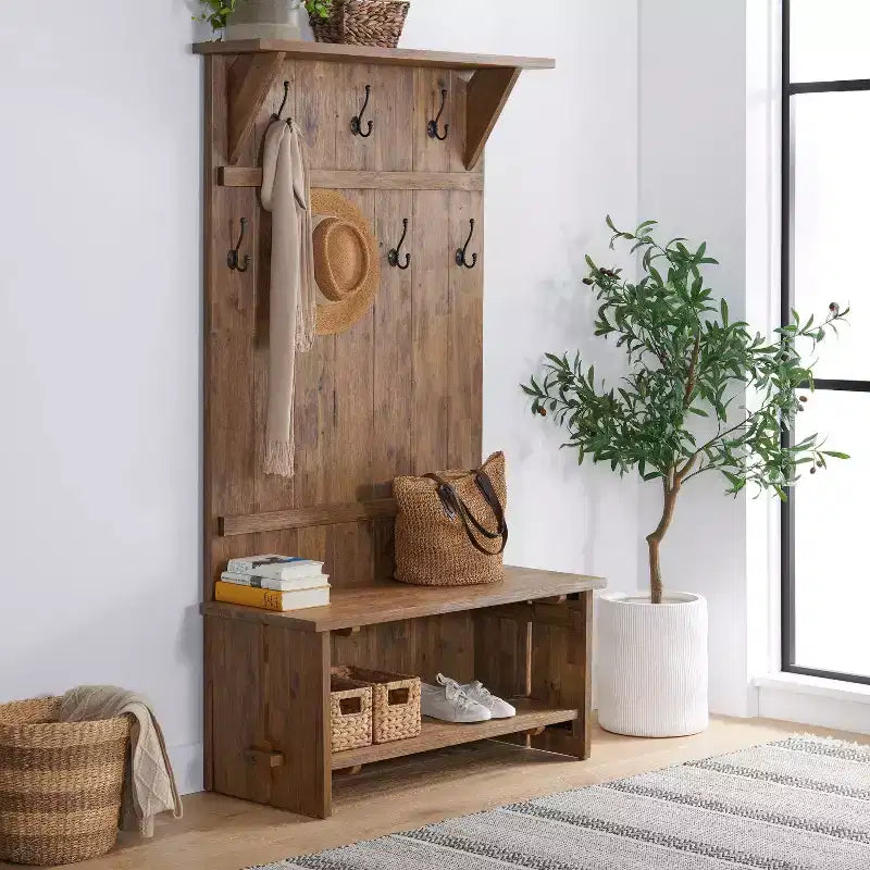 Albero appendiabiti da ingresso in legno di mango da 70 pollici con 7 ganci, finitura Driftwood